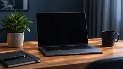 Laptop on a wooden desk beside a plant and a cup