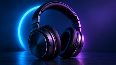 Over-ear headphones with blue and violet lighting