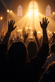 Raised hands in warm concert lighting