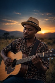 Illustration of a guitarist in a South African landscape